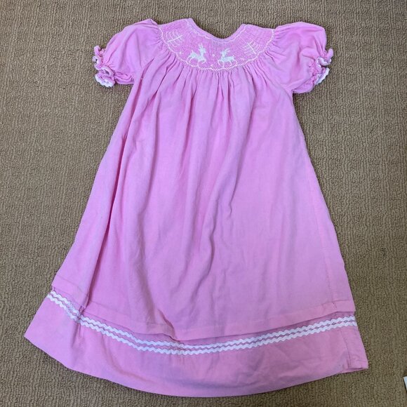 Smocked or Not Girls Dress 6 Pink Soft Corduroy Reindeer Long Rickrack - Picture 1 of 9